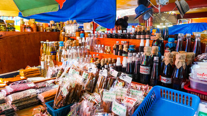 A market stall with local goods on display in Seychelles market 