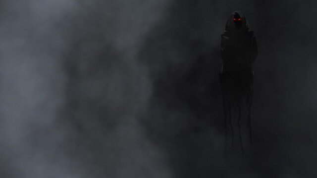 Dark Figure Floating in Driving Mist 4K Loop features a dark figure with red glowing eyes floating in a black void with mist blowing by in a loop