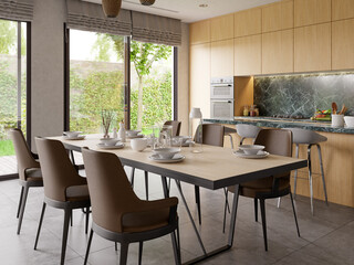 The cozy interior of a tropical villa, 3D render, living and dining room, modern style of interior design