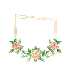 Gold geometric frame decorated with flowers. Peach roses, green leaves, open and closed flowers. Watercolor illustration