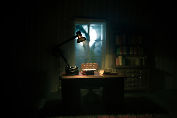 A realistic dollhouse living room with furniture and window at night. Artwork table decoration with...