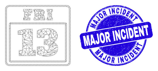 Web carcass 13 friday calendar page icon and Major Incident seal stamp. Blue vector rounded scratched seal with Major Incident message.