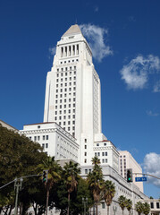 Historic Los Angeles City Hall tower in a bright sunlight.