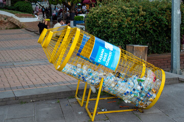 Iconic recycling bins set up for pet bottle recycling