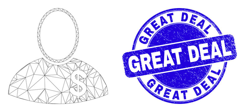 Web mesh banker pictogram and Great Deal seal stamp. Blue vector round distress seal stamp with Great Deal title. Abstract carcass mesh polygonal model created from banker pictogram.