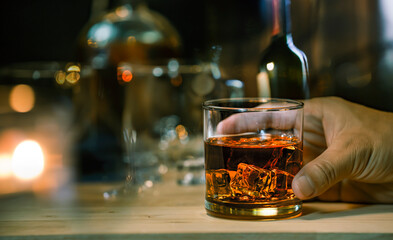 Bartender Serve Whiskey, on wood bar,