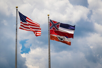 Flags of the United States, State of Mississippi and City of Brandon, MS waving in the wind