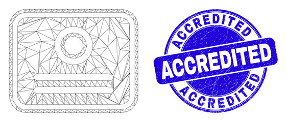 Web carcass certificate pictogram and Accredited stamp. Blue vector round grunge seal stamp with Accredited message. Abstract carcass mesh polygonal model created from certificate icon.