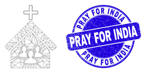 Web carcass church people pictogram and Pray for India seal stamp. Blue vector round scratched seal with Pray for India phrase.