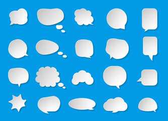Comic paper cut speech bubble set. Empty text box cloud. Abstract icon different shapes blank doodle bubbles. 3D effect comics message balloon template. Isolated on blue background vector illustration