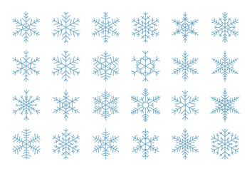 Snowflakes blue thin line set. Sign winter ice crystal. Element frosty cold Christmas ornament. Weather icons snow, symbol frozen water. Object for design of New Year card Isolated vector illustration
