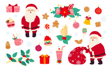 Christmas and New Year set. Holly, cupcake, bell, hat, santa and cookies gift, lollipop candle, mistletoe. Flat cartoon design elements. New year objects collection. Isolated vector illustration