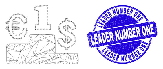 Fototapeta premium Web mesh currency pedestal pictogram and Leader Number One stamp. Blue vector round distress watermark with Leader Number One title.
