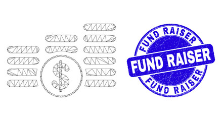 Web carcass dollar coin stacks icon and Fund Raiser seal stamp. Blue vector rounded scratched seal stamp with Fund Raiser title.