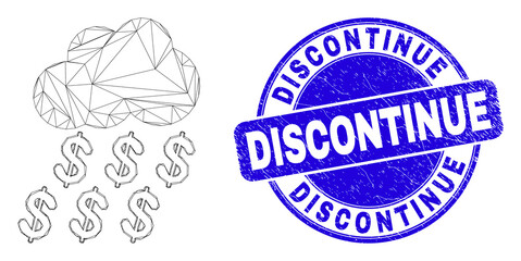 Web mesh dollar rain cloud pictogram and Discontinue seal. Blue vector round grunge seal with Discontinue phrase. Abstract carcass mesh polygonal model created from dollar rain cloud pictogram.