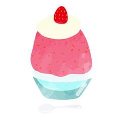 イチゴののったエスプーマかき氷のイラスト　水彩風