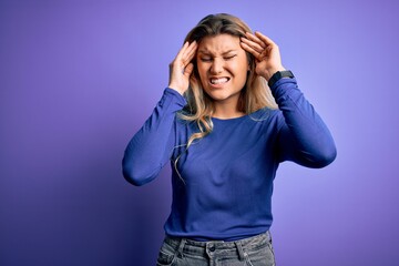 Young beautiful blonde woman wearing casual t-shirt over isolated purple background with hand on headache because stress. Suffering migraine.