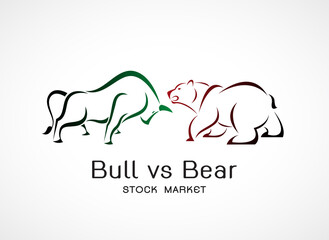 Vector of bull and bear symbols of stock market trends. Stock market and business concept. The growing and falling market. Wild Animals.