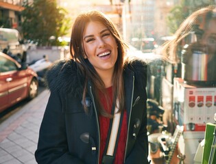 Young beautiful brunette woman smiling happy and confident. Standing with smile on face walking at street of city