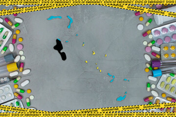 Bahamas is struggling with an epidemic coronavirus pandemic. Bahamas quarantine measures and coronavirus. Medicine, drugs, needles, syringes and Bahamas map and flag over gray background.