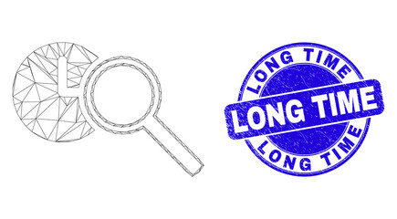 Web mesh find time pictogram and Long Time watermark. Blue vector round textured stamp with Long Time caption. Abstract frame mesh polygonal model created from find time pictogram.