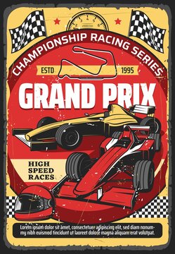 Car races retro poster, vintage auto rally sport championship and Grand Prix tournament, vector. Retro sport car speedway racing tournament, racecar speedometer, racetrack, start and finish flags