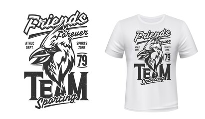 Cardinal bird t-shirt print mockup, sport team emblem. Friends Forever quote of sporting team or athletic department club with cardinal bird mascot for t shirt print
