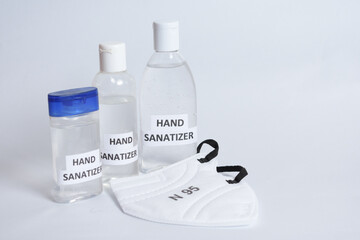 hand sanitizer and medical mask for protection from viruses and bacterias