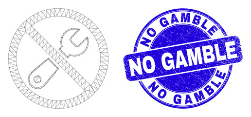 Web carcass forbidden repair pictogram and No Gamble seal stamp. Blue vector round scratched seal stamp with No Gamble phrase. Abstract carcass mesh polygonal model created from forbidden repair icon.
