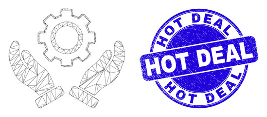 Web mesh gear care hands icon and Hot Deal seal stamp. Blue vector round grunge stamp with Hot Deal phrase. Abstract frame mesh polygonal model created from gear care hands icon.