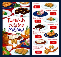 Turkish cuisine food menu, pastry sweet desserts and patisserie cakes, vector. Turkish delight lokum and baklava with pistachio nuts, choux pastry drums and tavuk gascy pudding with coffee