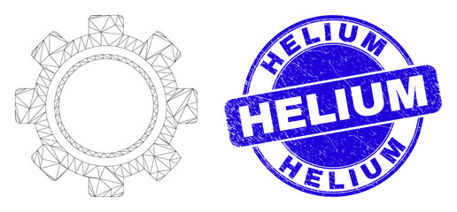 Web mesh gear icon and Helium watermark. Blue vector rounded distress watermark with Helium title. Abstract carcass mesh polygonal model created from gear icon.
