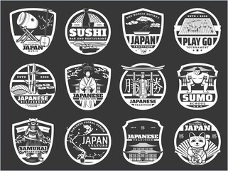 Japan religion, history and culture, Japanese sushi cuisine, travel landmarks vector icons. Japanese music instruments, temple architecture, sushi restaurant, samurai armor museum and sumo school - obrazy, fototapety, plakaty