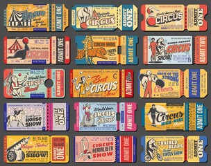 Circus tickets, carnival show vintage retro tent marquee, vector admit coupons. Shapito big top circus tickets for juggling animals, strongman and elquilibrist, tiger in fire ring and elephant on ball - obrazy, fototapety, plakaty