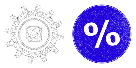 Web mesh gear pictogram and % watermark. Blue vector rounded grunge seal with % message. Abstract carcass mesh polygonal model created from gear pictogram.