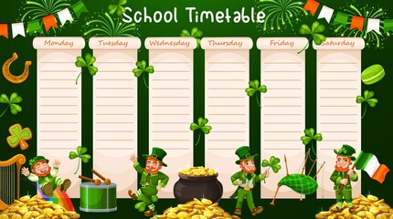 School timetable schedule, week table and student, calendar planner, vector lessons plan. School schedule, education week time table with St Patrick leprechaun, shamrock clover and Irish flags