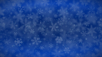 Christmas background of snowflakes of different shapes, sizes, blur and transparency in blue colors