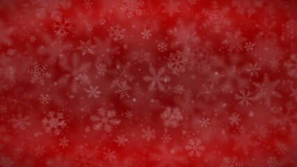 Christmas background of snowflakes of different shapes, sizes, blur and transparency in red colors