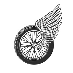 Obraz na płótnie Canvas Wheel with wing, racing symbol or tattoo, speedway racing club, car and motorcycle rally races icon. Sport car championship and bike racing speedway cup tournament wheel with feather wing
