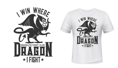 Dragon t-shirt print mockup, fight club emblem. Brooklin fight club symbol of griffin or Gothic gryphon with wings and claws for t shirt print