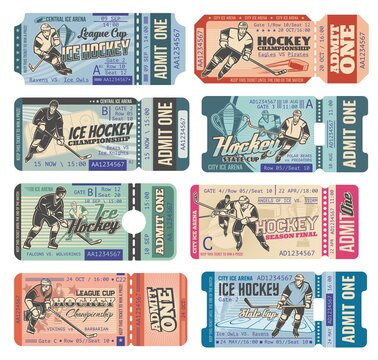 Ice hockey tickets, sport game tournament and championship cup, vector retro cards templates. Ice hockey admit tickets with hockey sticks, puck and players goalkeeper, forward and referee