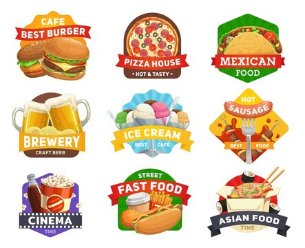 Fast food icons, burgers menu, restaurant hamburgers, drinks, snacks and sandwiches, cinema, bar vector signs. Pizzeria pizza, popcorn, Mexican taco and Asian noodles, Japanese sushi and hot dog grill