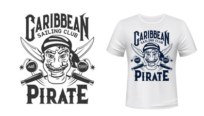 Pirate corsair t-shirt print mockup, filibuster privateer or buccaneer, sailing club sign. Caribbean sea and ocean pirate corsair with crossed sabers and bandana, filibuster with cannon grenades