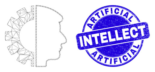 Web mesh head gear icon and Artificial Intellect seal. Blue vector rounded distress stamp with Artificial Intellect text. Abstract frame mesh polygonal model created from head gear icon.