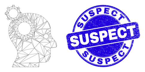 Web carcass head gears icon and Suspect watermark. Blue vector rounded scratched seal with Suspect text. Abstract carcass mesh polygonal model created from head gears icon.