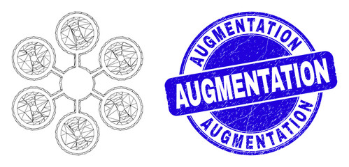 Web carcass hexacopter icon and Augmentation seal stamp. Blue vector rounded distress seal stamp with Augmentation title. Abstract carcass mesh polygonal model created from hexacopter pictogram.
