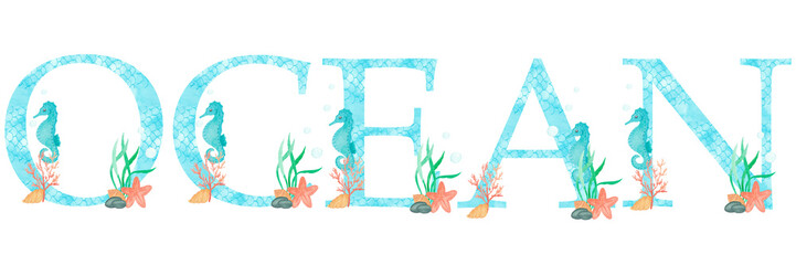 Fototapeta na wymiar Watercolor sea word Sale. Ocean seahorse, seashells, fish scales, starfish, seaweed on white background. Word for price discount, poster. Marine illustration sale banner background.