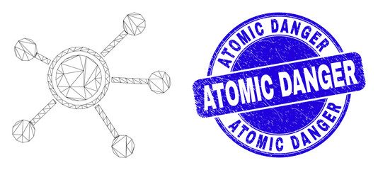 Web carcass links icon and Atomic Danger seal. Blue vector rounded grunge seal stamp with Atomic Danger message. Abstract carcass mesh polygonal model created from links pictogram.