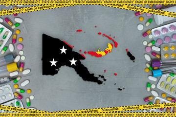 Papua New Guinea is struggling with an epidemic coronavirus pandemic. Papua New Guine aquarantine measures and coronavirus. Medicine, drugs, needles, syringes and map and flag over gray background.