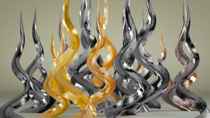 Curvy yellow and black spiral shapes 3D render illustration